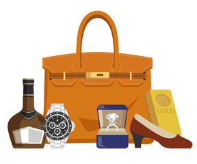 【買取商品のイメージ】ブランド品、お酒、時計、宝石、指輪、靴、金　イラスト素材 © SUMIZUMI