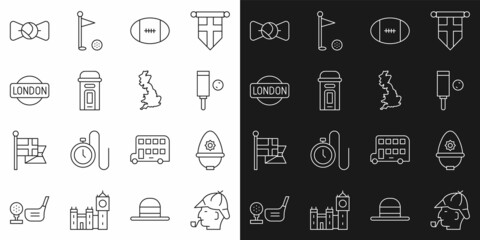 Set line Sherlock Holmes, British police helmet, Wood cricket bat and ball, Rugby, London phone booth, sign, Bow tie and England map icon. Vector