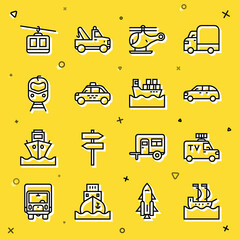 Set line Sailboat, TV News car, Hatchback, Helicopter, Taxi, Train and railway, Cable and Cargo ship with boxes icon. Vector
