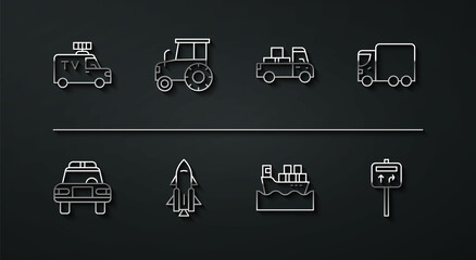 Set line TV News car, Police and flasher, Delivery cargo truck, Cargo ship with boxes, Rocket fire, Tractor, Road traffic signpost and icon. Vector