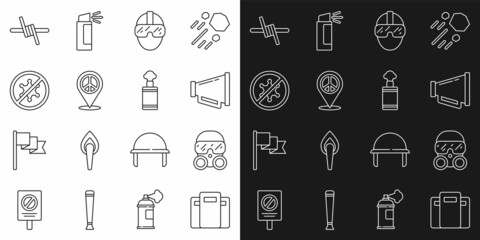 Set line Police assault shield, Gas mask, Megaphone, Special forces soldier, Location peace, Protest, Barbed wire and Hand grenade icon. Vector