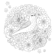 Naklejka premium lovely bird in abstract meadow of flowers for your coloring book