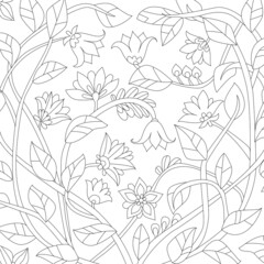 fancy floral pattern of twigs with leaves and fantasy flowers fo