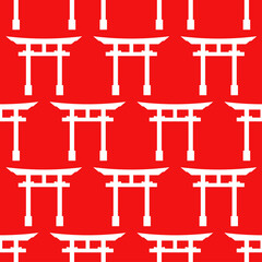 Seamless pattern with torii gate. Traditional japan gate sign. Background in asia style on red background in white color. Oriental print design for wrapping paper, fabric, textile. Vector Illustration