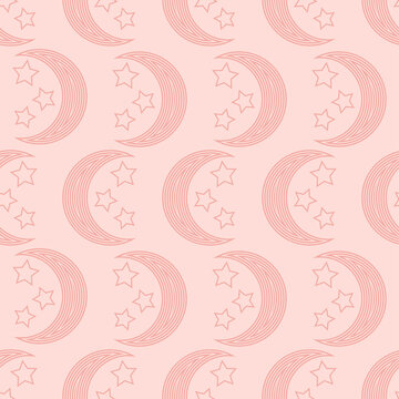 Seamless pattern with moon and stars in boho style. Line art in pastel color. Mystical background. Modern design for print on fabric, wrapping paper, card, wallpaper, packaging. Vector illustration