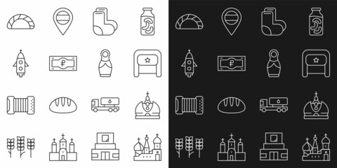 Set line Saint Basil's Cathedral, King crown, Ushanka, Valenki, Russian ruble banknote, Rocket ship, Dumpling and doll matryoshka icon. Vector