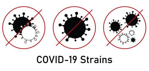 Vector warning about new COVID-19 strains which are crossed off in circles. Black writing and germs on white background. Coronavirus, COVID-19 Delta Variant. 