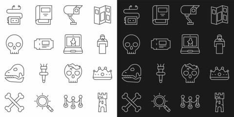 Set line Castle tower, King crown, Gives lecture, Security camera, Museum ticket, Human skull, audio guide and Online museum icon. Vector