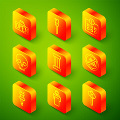 Set line Hanging sign with Open, Paint brush, Information, Human skull, Ancient column, No Smoking, Torch flame and Gives lecture icon. Vector