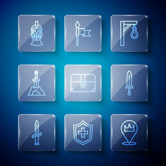 Set line Dagger, Shield, Location king crown, Gallows, Antique treasure chest, Sword the stone, Medieval iron helmet and sword icon. Vector