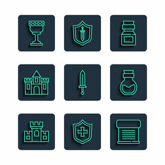Set line Castle, fortress, Shield, Decree, parchment, scroll, Poison in bottle, Medieval sword, goblet and icon. Vector