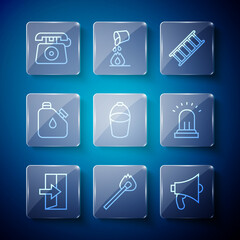 Set line Fire exit, Burning match with fire, Megaphone, escape, bucket, Canister fuel, Telephone call 911 and Ringing alarm bell icon. Vector