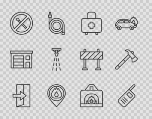 Set line Fire exit, Walkie talkie, First aid kit, Location with fire flame, No match, sprinkler, Interior fireplace and Firefighter axe icon. Vector