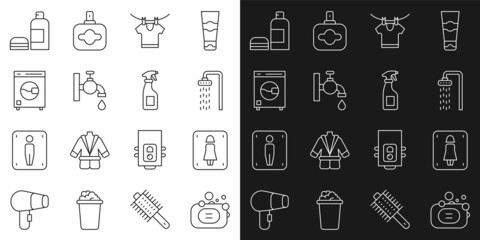 Set line Bar of soap, Female toilet, Shower, Drying clothes, Water tap, Washer, Bottle shampoo and Cleaning spray bottle icon. Vector