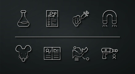 Set line Test tube and flask, Experimental mouse, Magnet, Prosthesis hand, Clinical record, Transfer liquid gun and Syringe icon. Vector