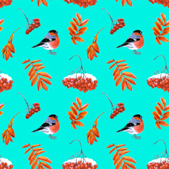 Seamless pattern of leaves and fruits of mountain ash and bullfinch drawn by markers on a turquoise background.  For fabric, sketchbook, wallpaper, wrapping paper.