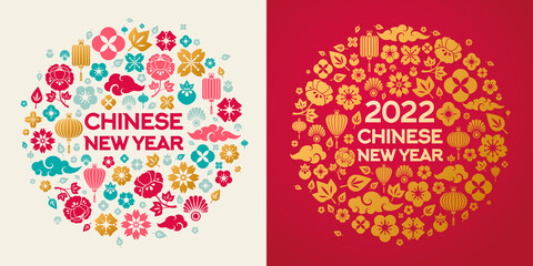Chinese New Year 2022 greeting card with traditional icons, asian patterns, gold oriental flowers and clouds on red background. Vector illustration. Circle frame with place for text