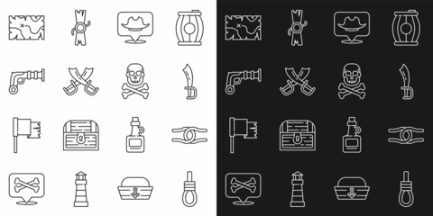 Set line Gallows rope loop hanging, Rope tied knot, Pirate sword, Location pirate, Crossed swords, Vintage pistols, treasure map and Skull crossbones icon. Vector