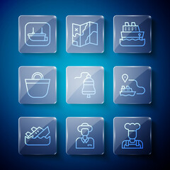 Set line Sinking cruise ship, Tourist, Cook, Cruise, Ship bell, Beach bag, Lifeboat and line path icon. Vector