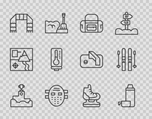 Set line Award winner podium, Thermos container, Sport bag, Hockey mask, Winter scarf, Meteorology thermometer, Skates and Ski and sticks icon. Vector
