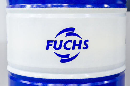 Kyiv, Ukraine - November 18, 2021: Barrel with logo FUCHS