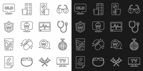 Set line Smart Tv, Disco ball, Stethoscope, Pills in blister pack, Nursing home, Grandmother, and Monitor with cardiogram icon. Vector