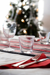 Christmas dinner table setting at home.