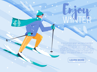Enjoy winter vector flat banner template. Happy man in warm clothes skiing. Young sportsman riding downhill.
