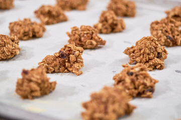 Lots of raw uncooked oatmeal cookies on steel pan before baking.