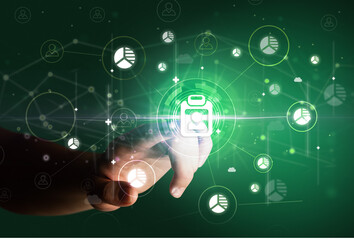 Businessman hand pressing stock graphic information on multitouch screen