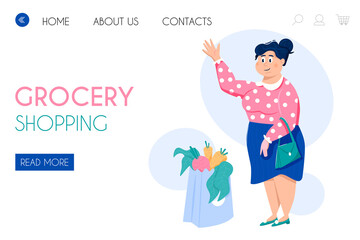Grocery shopping landing page template. Happy woman holding a purse and waving hand vector cartoon illustration.