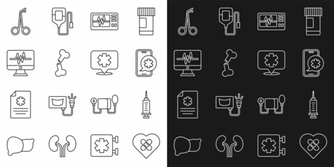 Set line Healed broken heart, Syringe, Emergency phone call, Monitor with cardiogram, Human bone, Medical scissors and symbol of the icon. Vector