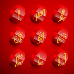 Set line Pen, Pendulum, Pencil with eraser, Basketball ball, Exam sheet A plus grade, Protractor grid, Table lamp and Ringing bell icon. Vector