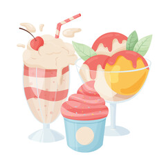 Set of tasty desserts. Ice cream in the cup and in the glass, cherry milkshake isolated on white background.