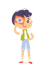 Boy learning sight sensory sense, holding card with human eye in hand, studying vision