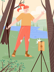 Tourist takes picture or makes video blog about traveling vector flat illustration. Hiker shooting photos and videos in the forest.