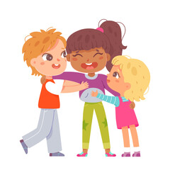 Hug, support and care from kids to best friend, cute children comforting depressed girl