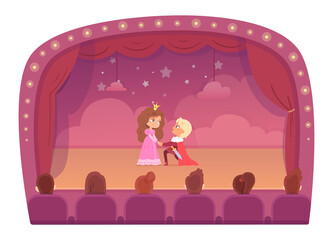 Theater stage with actor kids, prince and princess children, love drama show performance