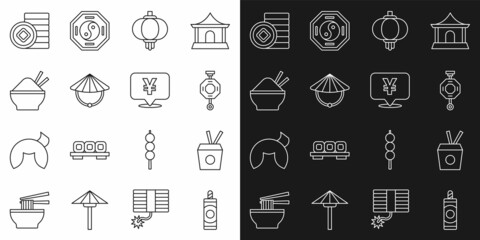 Set line Firework, Noodles in box and chopsticks, Chinese paper lantern, conical straw hat, Rice bowl with, Yuan currency and icon. Vector