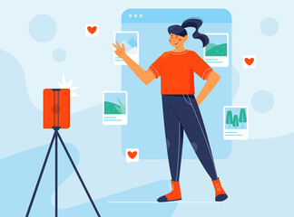 Woman takes pictures or makes video blog vector flat cartoon illustration. Girl shooting photos and videos for social media.