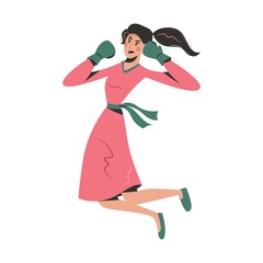 Young woman training box vector cartoon illustration. Boxer or kickboxer boxing.