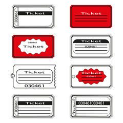 Ticket icon on white background. Vector illustration. Set blank ticket template. Concert ticket, lottery coupons.