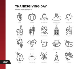 Icon set of Thanksgiving Day. This pack contains many holiday linear simple objects, such as a Turkey, Pilgrim, pumpkin and more. Vector illustrations and editable stroke. BORT ICONS