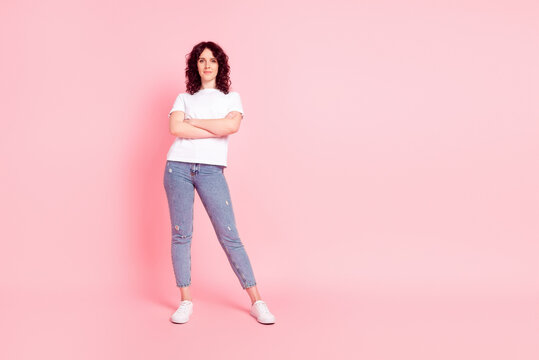 Full size photo of young adorable woman crossed arms wear casual garment isolated over pink color background