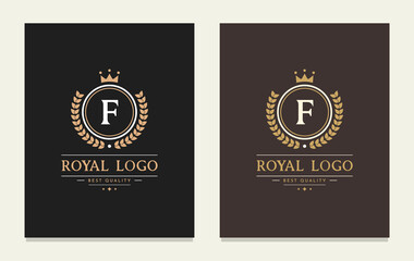 Graceful letter F luxury royal style crown logo. Elegant emblem and round shape. The vintage symbol for book design, brand name, business card, restaurant, boutique, hotel, cafe, identity, badge