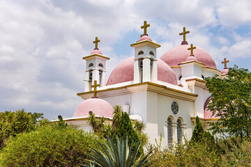 Fototapeta na wymiar Pink domes with golden crosses