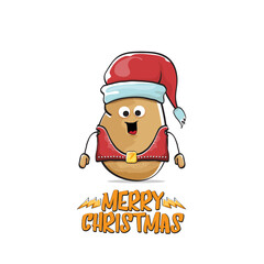 vector rock star Santa Claus potato funny cartoon cute character with red Santa hat and calligraphic merry Christmas text isolated on white background. Rock n roll funky Christmas party banner
