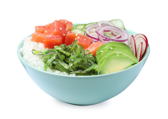 Delicious poke bowl with salmon, seaweed and avocado isolated on white