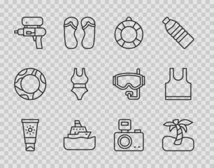 Set line Sunscreen cream in tube, Tropical palm tree, Lifebuoy, Cruise ship, Water gun, Swimsuit, Photo camera with flash and Sleeveless T-shirt icon. Vector
