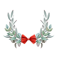 Eucalyptus leaf wreath with red bow. Watercolor illustration. Natural floral winter frame realistic element. Hand drawn beautiful lush eucalyptus herbal decor. Winter festive wreath white background